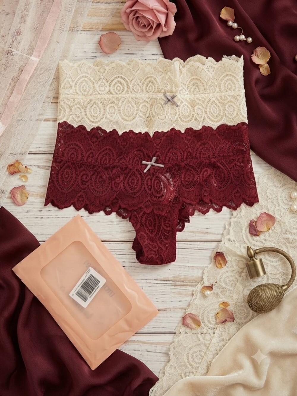 Women's White Red Burgundy Lace Cheeky Panties Soft Comfortable 2-Pack Size M